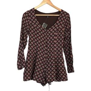 Lucca New Women’s XS Long Sleeve Boho Print Romper Lined Geometric‎ Tie Waist